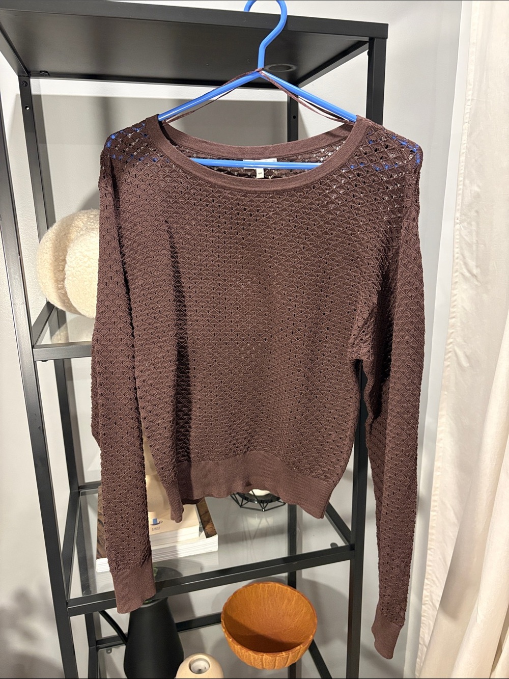 113 Women's Brown Open-Knit Crewneck Sweater